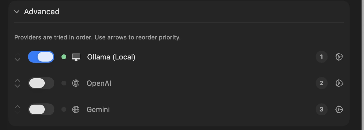 AI Cleanup, Advanced: providers tried in order. Ollama (Local) is on and ready; OpenAI and Gemini are off.