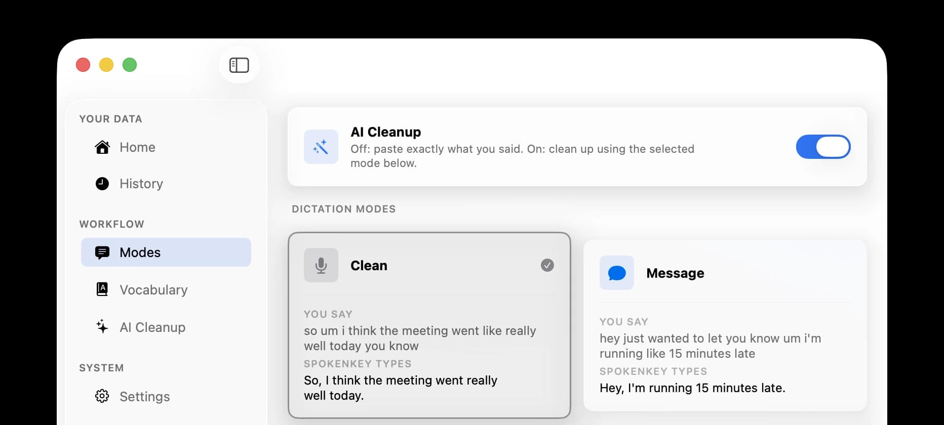 The Modes screen in light mode: the AI Cleanup switch, then Clean and Message with their examples.