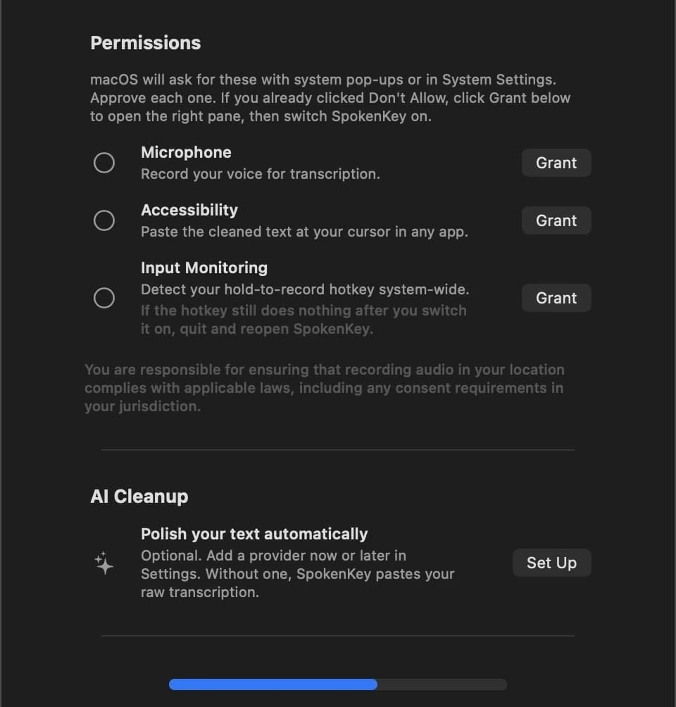 SpokenKey's first-run sheet: Microphone, Accessibility, and Input Monitoring each with a Grant button, the optional AI Cleanup setup, and the speech model's download progress.
